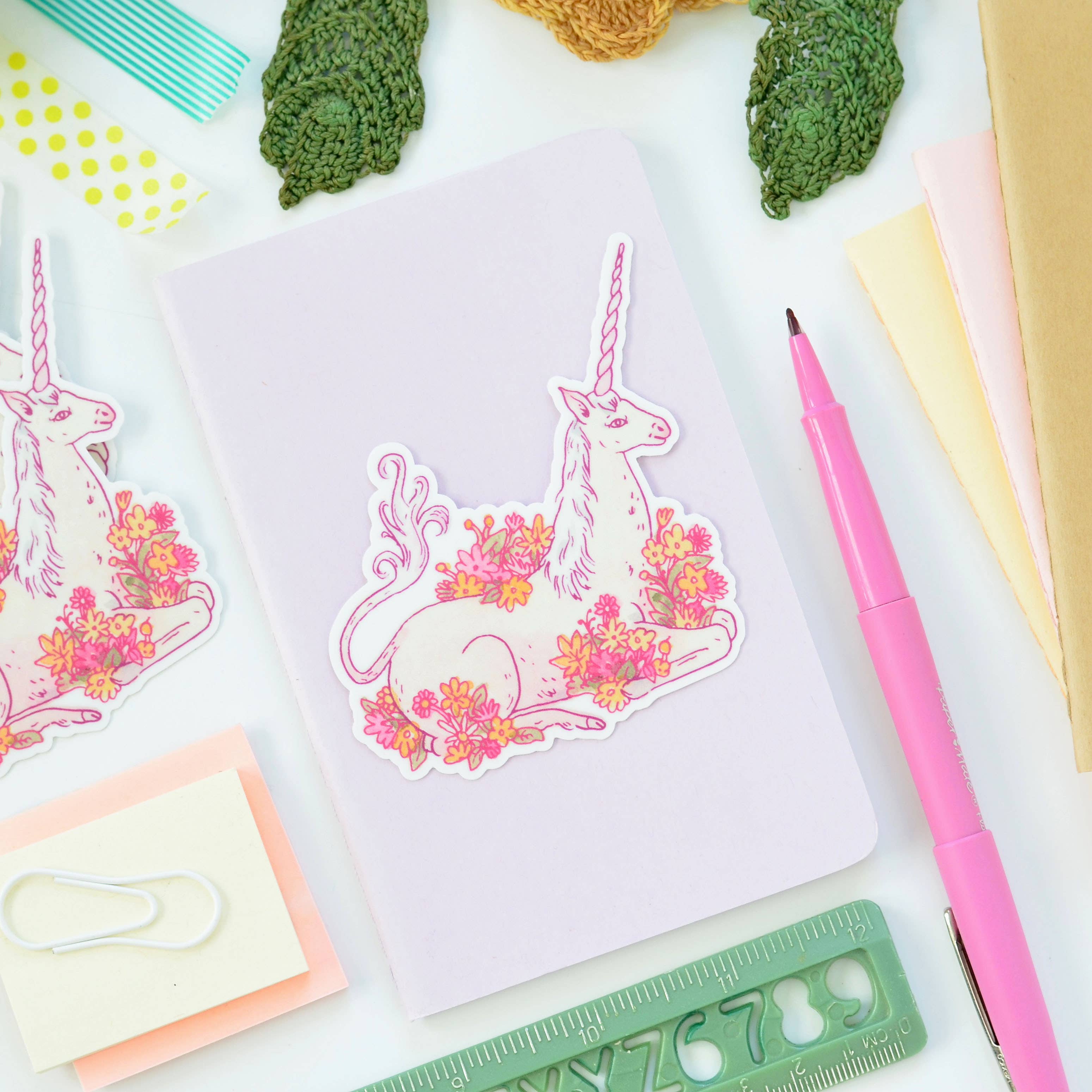 Unicorn in Flowers Illustrated Die Cut Vinyl Sticker