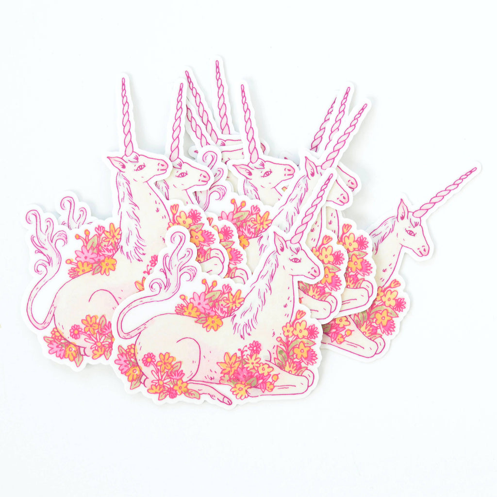Unicorn in Flowers Illustrated Die Cut Vinyl Sticker